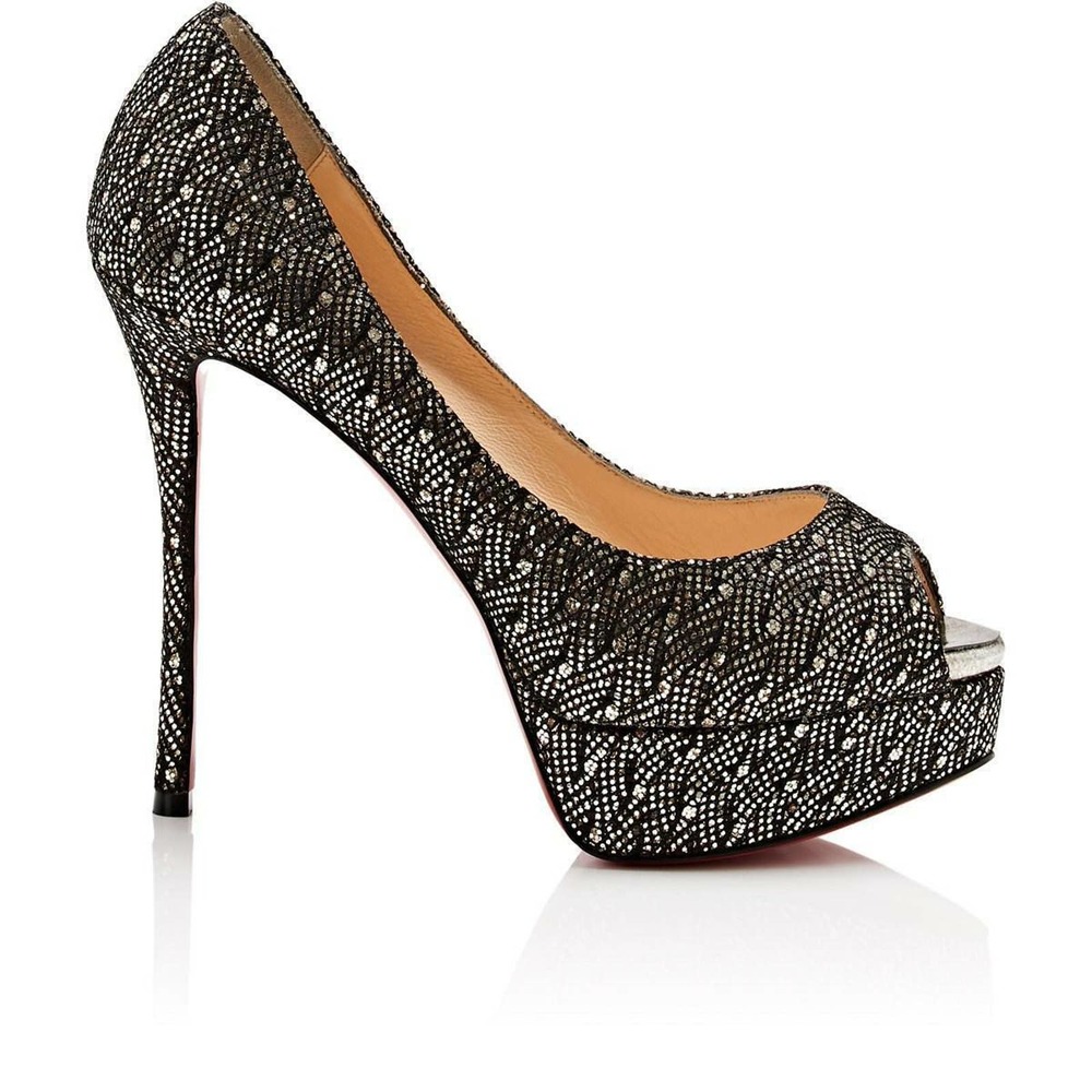 NIB LOUBOUTIN FETISH 130 BLACK LACE SILVER GLITTER PEEP TOE PLATFORM PUMPS 38.5